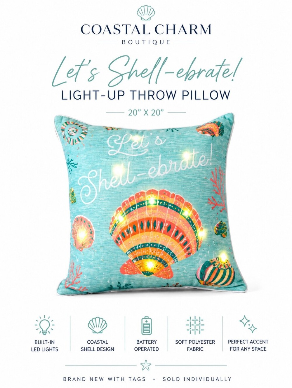 Coastal Light-Up Throw Pillow – "Let's Shell-ebrate!" LED Accent Pillow 20x20